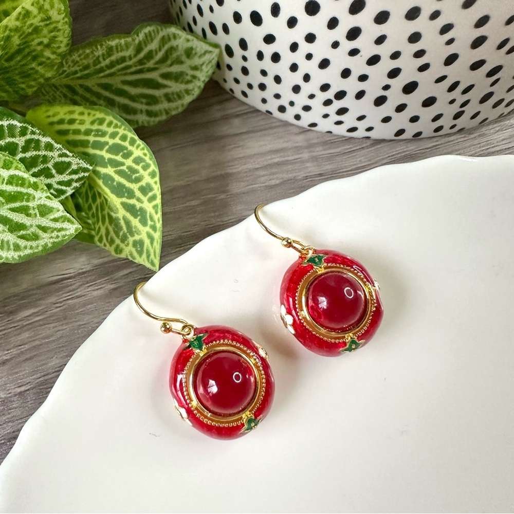 2/$30🌵 Enameled Vintage Design Red Stone Earrings Egyptian Cloisonné Gift NEW